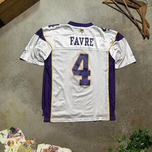 Vintage Reebok Brett Favre NFL Jersey Mens Large White Purple Football Tee Shirt